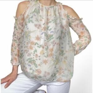 NWT Giusy‎ cold shoulder silk floral ruffle crew neck blouse size Small